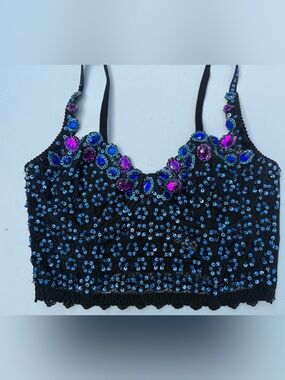Black Sequin & Jewel Embellished Crop Top Bustier , Size 34D
